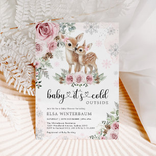 Vinter Hjort Rosa Silver Blommigt Girl Baby Shower Inbjudningar