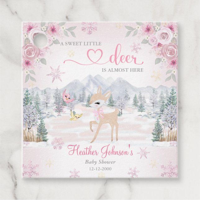 Vinter Hjort Rosa Snowflake Baby Shower Gåvor Etiketter (Framsida)