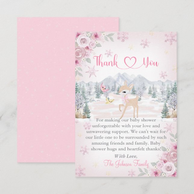 Vinter Hjort Rosa Snowflake Baby Shower Tack Kort (Fram/baksida)