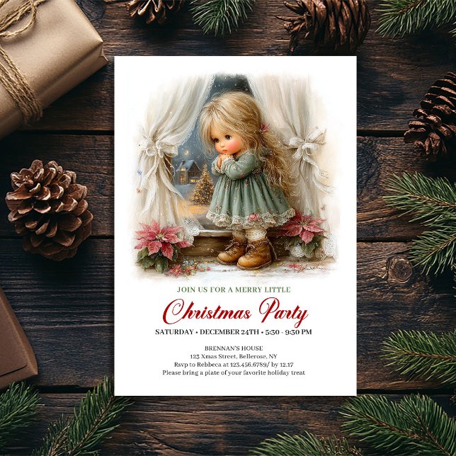 Vinter Högtidsinbjudan Söt Flickas Högtidsscen Inbjudningar (Winter Holiday Invitation Cute Girl Holiday Scene)