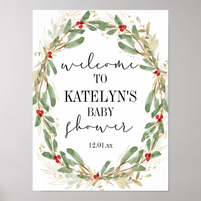 Vinter Holly Baby Shower Välkomstsignatur jul Poster (Framsidan)