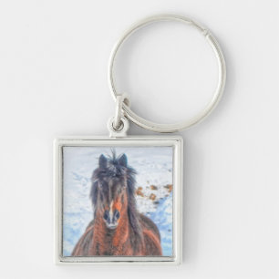 Vinter Horse in Snowy Fält 2 Fyrkantig Silverfärgad Nyckelring