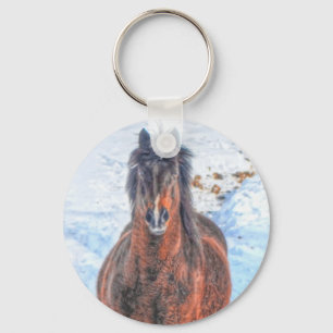 Vinter Horse in Snowy Fält 2 Nyckelring