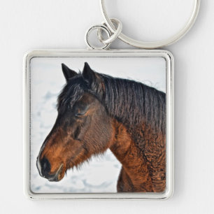 Vinter Horse in Snowy Fält 3 Fyrkantig Silverfärgad Nyckelring