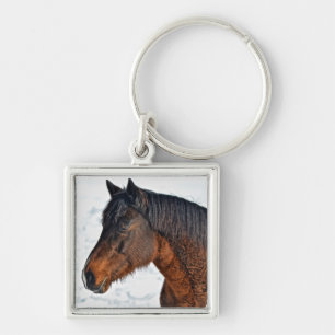 Vinter Horse in Snowy Fält 3 Fyrkantig Silverfärgad Nyckelring