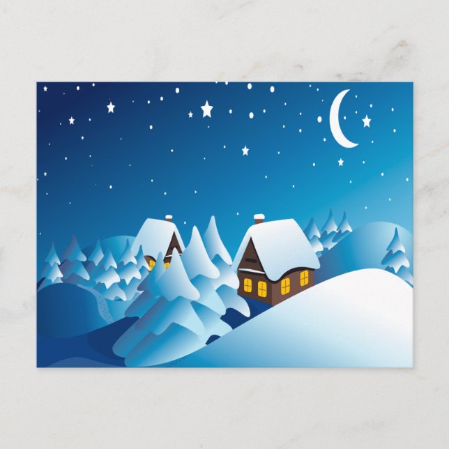 Vinter, hus, natt, Måne och stjärnor Vykort (Framsida)