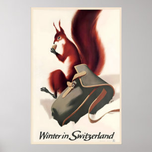 Vinter i Schweiz Ekorre Vintage Resa Poster