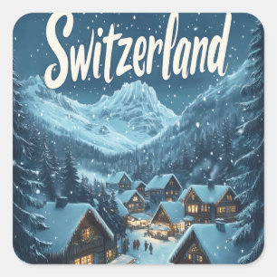 Vinter i Schweiz: Mountain Village Scene Fyrkantigt Klistermärke
