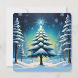 Vinter i skogen med snö och lysande stjärna julkort