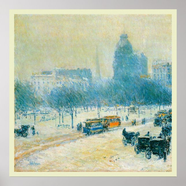 Vinter i Union Square av Frederick Childe Hassam Poster (Framsidan)