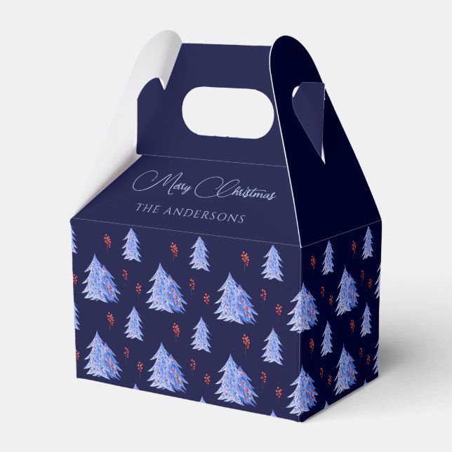 Vinter Ice Blue Träd Holly Berries Navy Jul Presentaskar (Framsidan Sidan)
