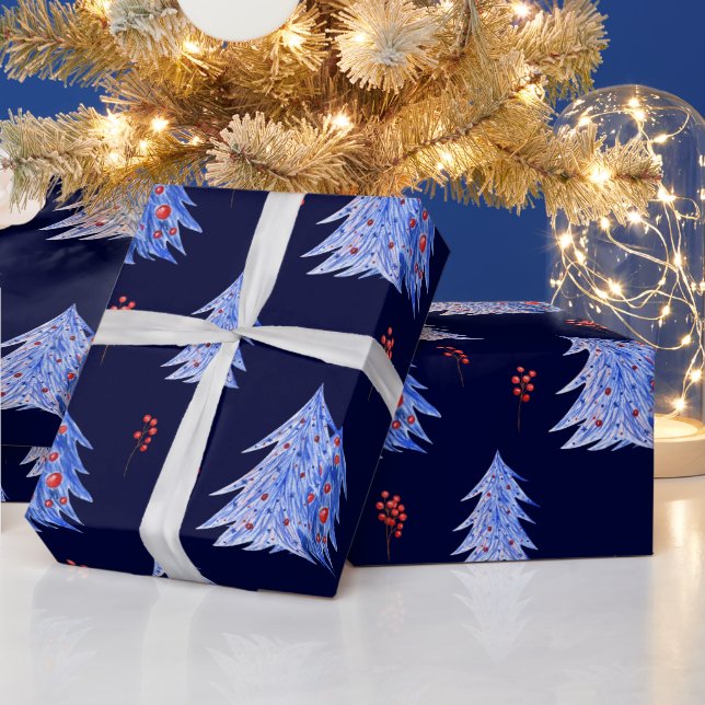 Vinter Isblå Träd Julhagtorn Marinblå Jul Presentpapper (Helgdagar)