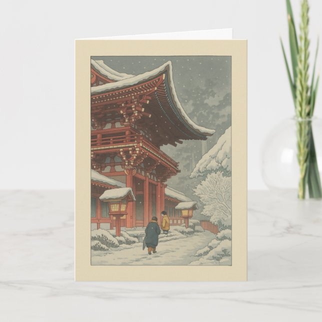 Vinter Japansk Tempels Ukiyo-e Julkort Helgkort (Framsida)