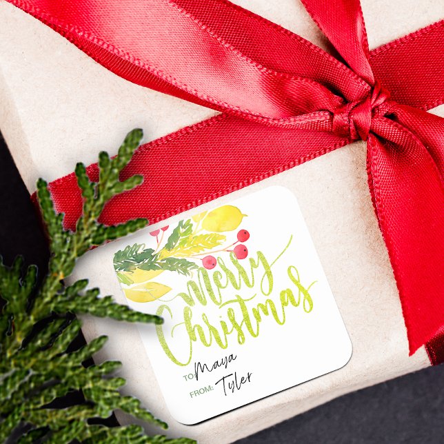 Vinter jul bär till och från fyrkantigt klistermärke (Winter Christmas Berries | Gift Tag Sticker)