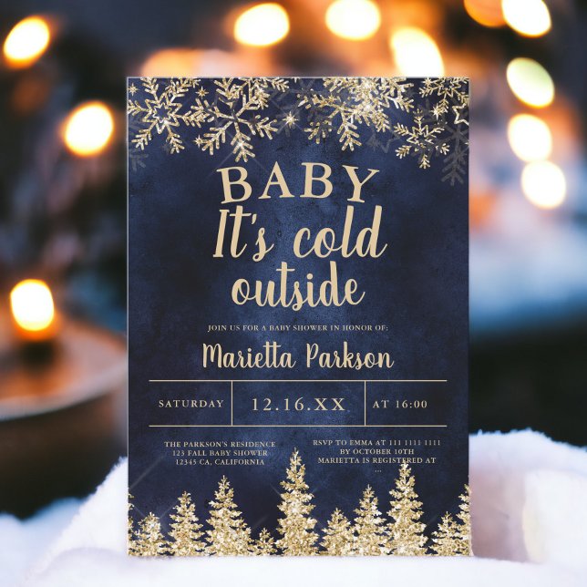 Vinter jul guld snö tall marinblå  baby shower inbjudningar (Winter Christmas gold snow pine navy baby shower Invitation)
