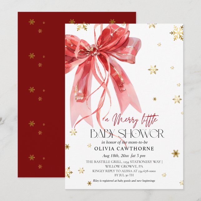 Vinter jul röd båge baby shower inbjudningar (Fram/baksida)