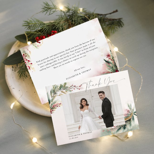 Vinter Jul Romantisk Bröllopsfoto Tack Kort (winter christmas wedding bridal shower thank you card greenery botanical berries red green gold chic)