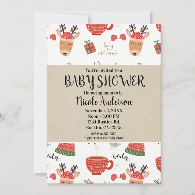 Vinter jul rustic kraft höckning baby shower inbjudningar (Framsida)