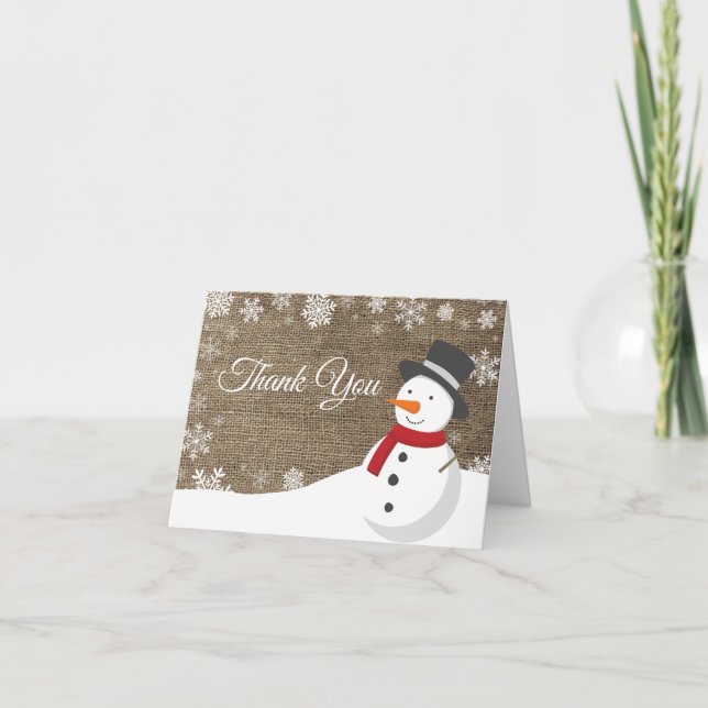 Vinter jul snöman burlap tackkort (Framsida)