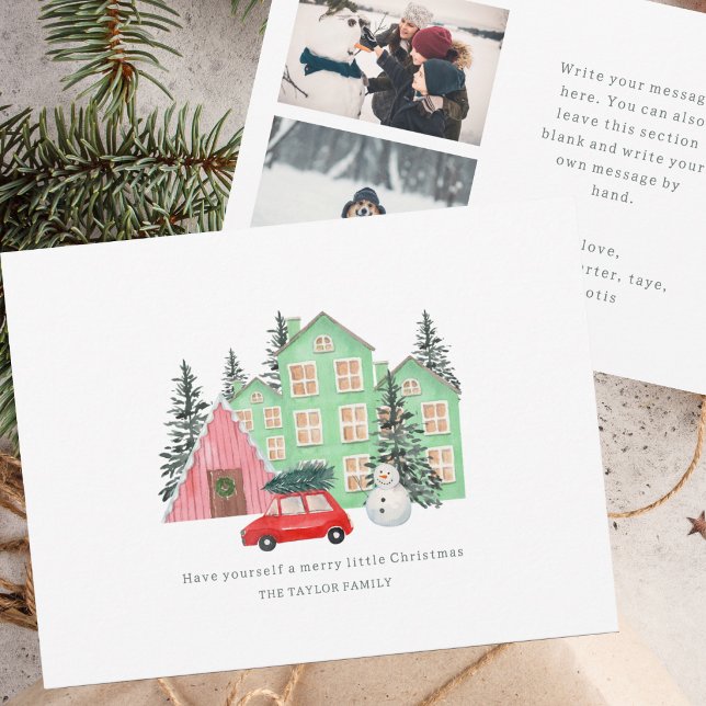 vinter jul stuga akvarell semester foto  julkort (winter Christmas cottage house vintage modern watercolor 2 photos holiday personalized photo card )