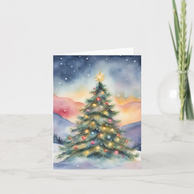 Vinter julgran snöigt solnedgångslandskap kort (Framsida)