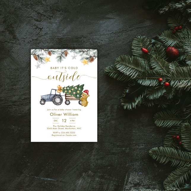 Vinter julgran traktor björn baby shower inbjudningar (Winter Christmas Tree Tractor Bear Baby Shower Invitation)
