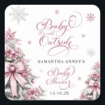 Vinter Julgranar Snöflingor Rosa Baby Shower Fyrkantigt Klistermärke<br><div class="desc">Lägg till ett avslutande tryck på party favors eller dekorationer med Winter Julgranar Baby Shower Square-fästet. Med en charmerande bakgrund för rosa som är försedd med elegant Julgranar och vimiskt snöflingor, förkroppsligar detta klistermärke andan i en mysigt vintertid firande. Perfekt för att försegla presentpåsar, märka behandlingar eller anpassa tack-dina anteckningar....</div>