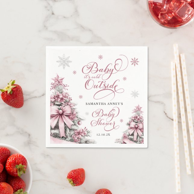 Vinter Julgranar Snöflingor Rosa Baby Shower Pappersservett (Insitu)