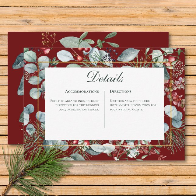 Vinter Julgrönt Rött Bröllopsdetaljer Tilläggskort (Winter Christmas Greenery Red Wedding Details Enclosure Card)