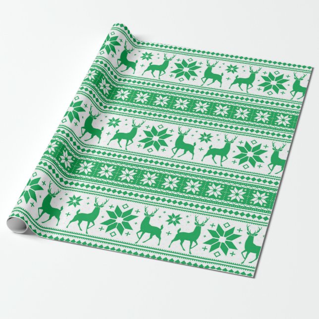 Vinter julhjortar grönt snöflingemönster presentpapper (Utrullad)