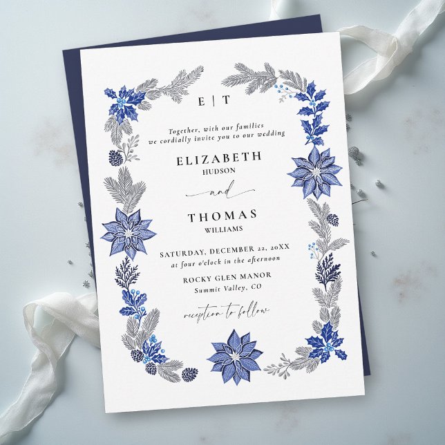 Vinter julnavelblå botanisk bröllop inbjudningar (winter wedding invitation navy blue white botanical greenery foliage elegant modern classic formal)