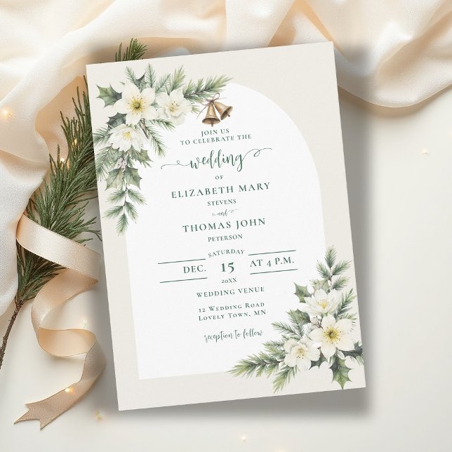 Vinter julrosor grönska båge bröllop inbjudningar (winter wedding invitation christmas roses bells elegant rustic frame muted green botanical arch)