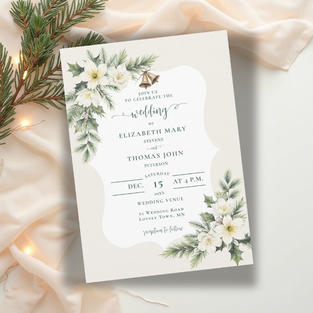 Vinter julrosor grönska Elegant bröllop Inbjudningar (winter wedding invitation christmas roses bells elegant rustic frame muted green botanical chic)