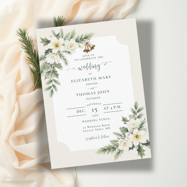 Vinter julrosor grönska rustik bröllopsdekor inbjudningar (winter wedding invitation christmas roses bells elegant rustic frame muted green botanical floral)