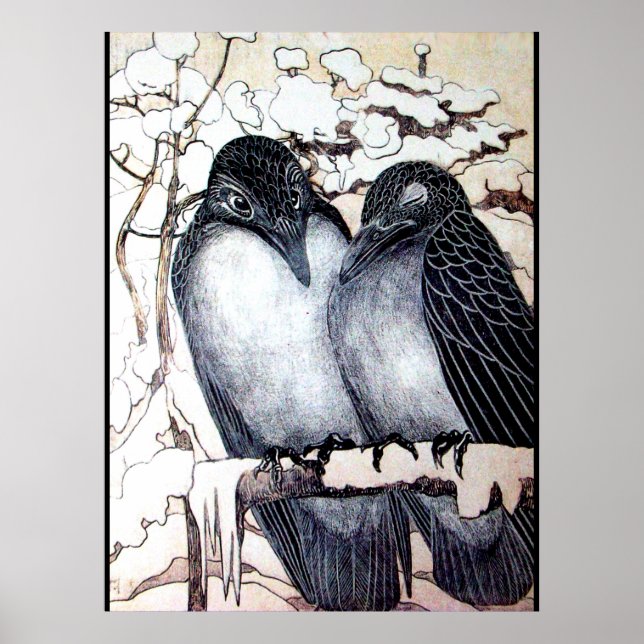 VINTER KÄRLEK FÅGLAR I SNÖ Svart Vitt Poster (Framsidan)