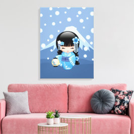 Vinter Kokeshi-docka - Blå Berg Geisha-flicka Canvastryck