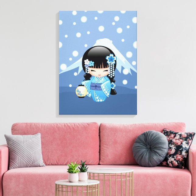 Vinter Kokeshi-docka - Blå Berg Geisha-flicka Canvastryck (Insitu (Vardagsrum))