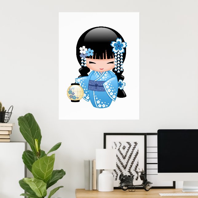 Vinter Kokeshi-docka - Blå Berg Geisha-flicka Poster (Hemmakontoret)