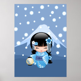 Vinter Kokeshi-docka - Blå Berg Geisha-flicka Poster