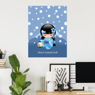 Vinter Kokeshi-docka - Blå Berg Geisha-flicka Poster