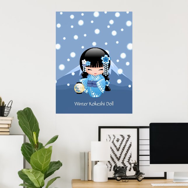 Vinter Kokeshi-docka - Blå Berg Geisha-flicka Poster (Hemmakontoret)