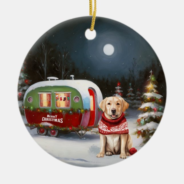 Vinter Labrador Husvagn Juläventyr Julgransprydnad Keramik (Framsidan)