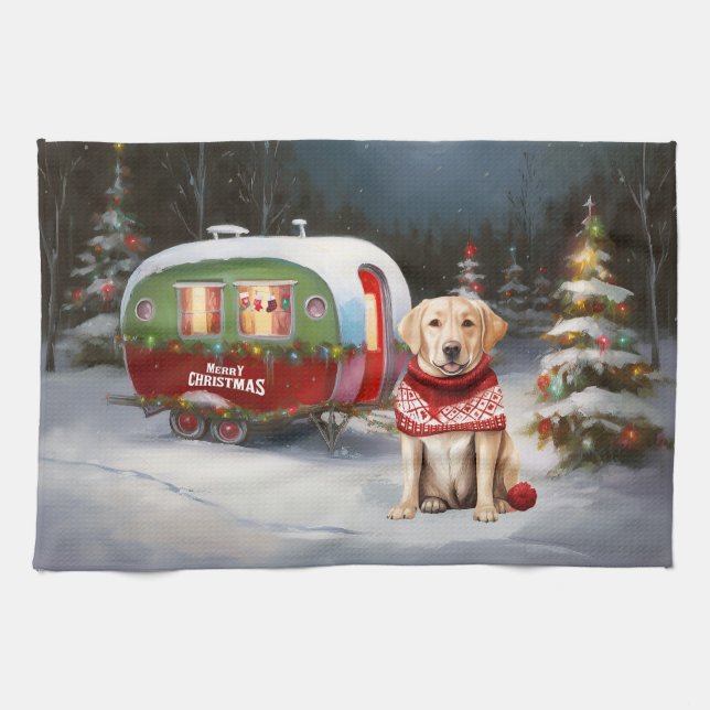 Vinter Labrador Husvagn Juläventyr Kökshandduk (Horisontell)