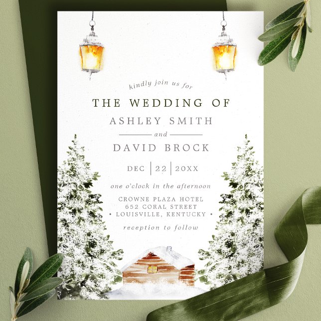 Vinter lantlig stuga snö tall bröllop inbjudningar (Skapare uppladdad)