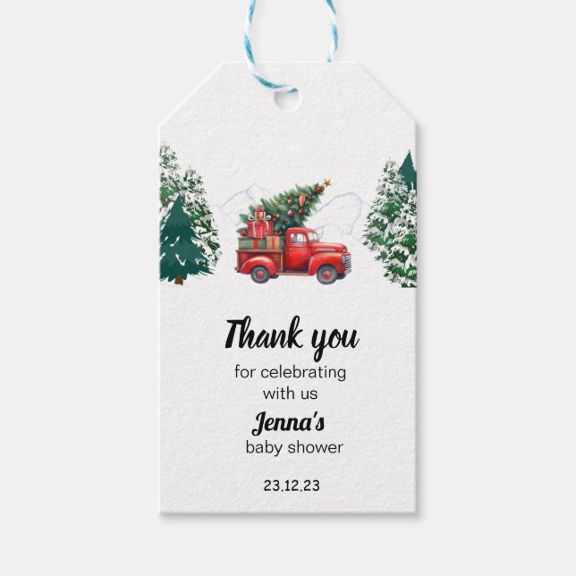 Vinter Lastbil Forest Wonderland Baby Shower Tack Presentetikett (Framsidan)