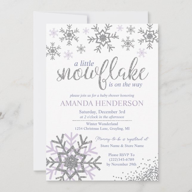Vinter Lavendel Snöflinga Baby Shower  Inbjudningar (Framsida)