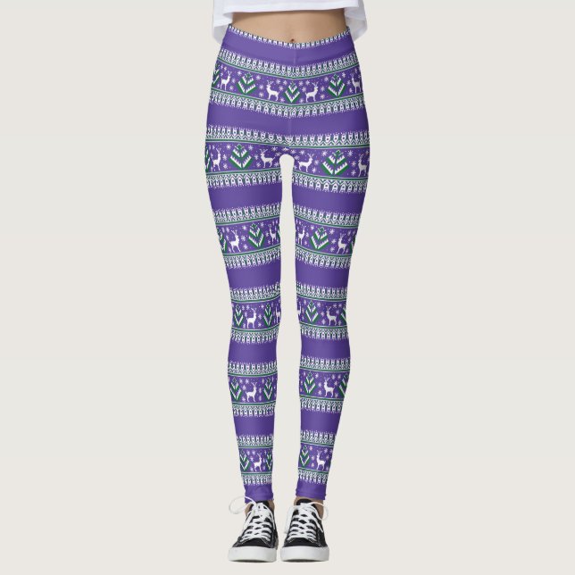 Vinter Lila och Grön Jul Fair Isle Leggings (Framsida)