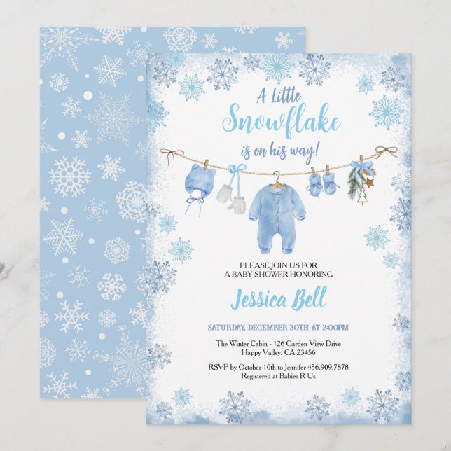 Vinter Little Snowflake Baby Shower Boy Blue Inbjudningar (Fram/baksida)