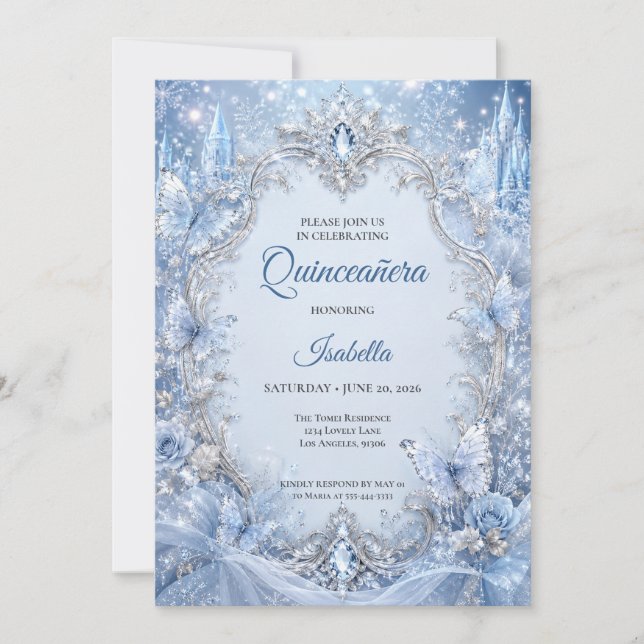 Vinter Ljusblå Silver Prinsessa Quinceañera Inbjudningar (Framsida)