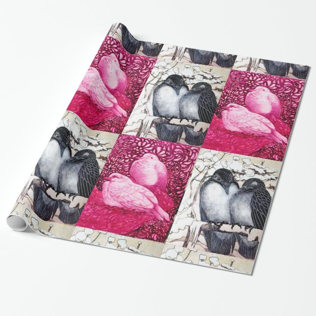 VINTER LOVE BIRDS OCH VITDOKUMENT I ROSA FUCHSIA PRESENTPAPPER (Utrullad)